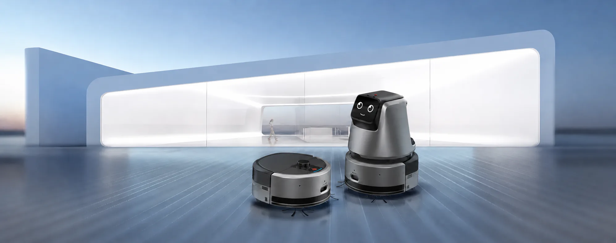 Autonome rengjøringsroboter i et lyst profesjonelt innendørsareal.