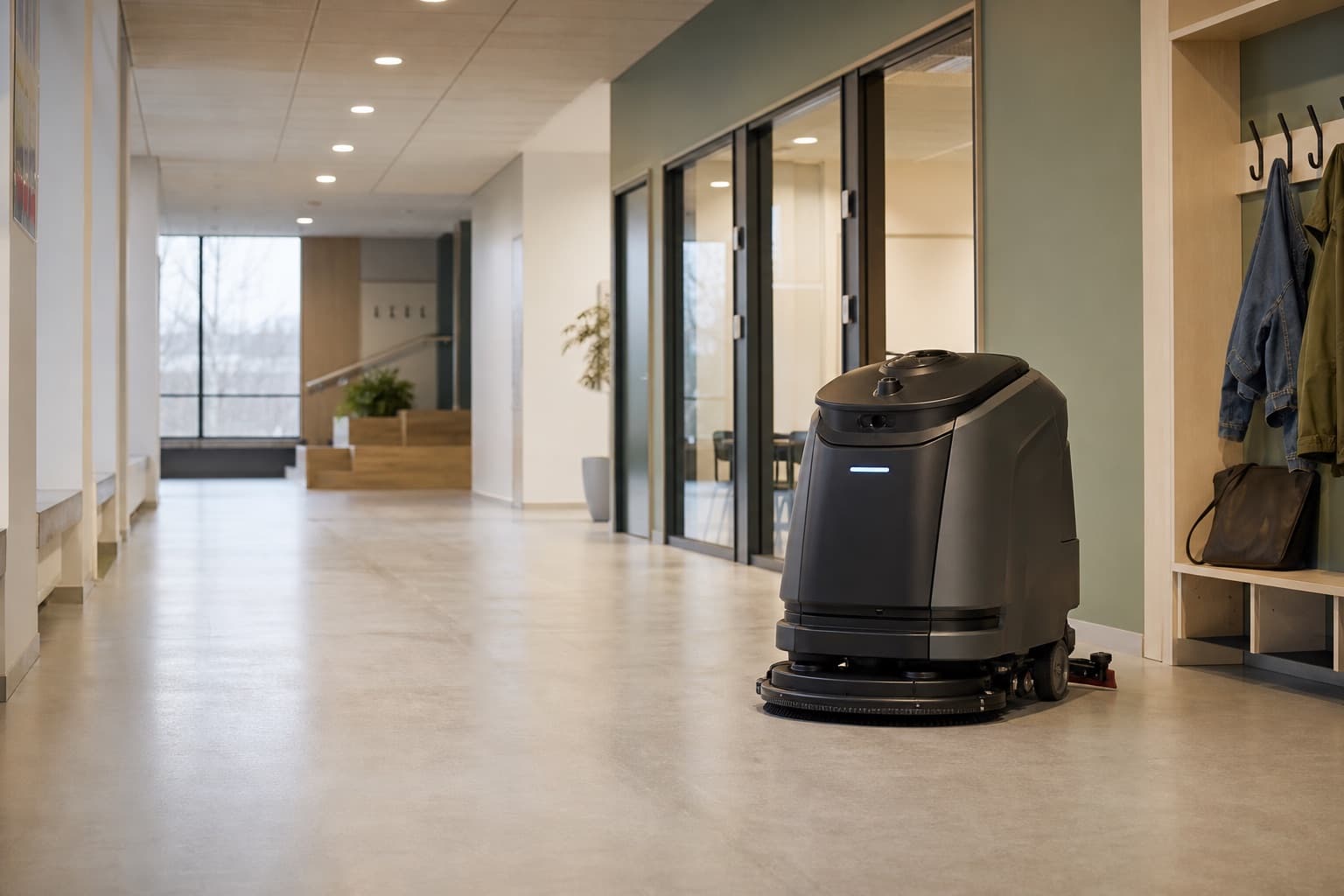 En profesjonell rengjøringsrobot arbeider i en ryddig skolekorridor uten elever eller andre personer til stede.